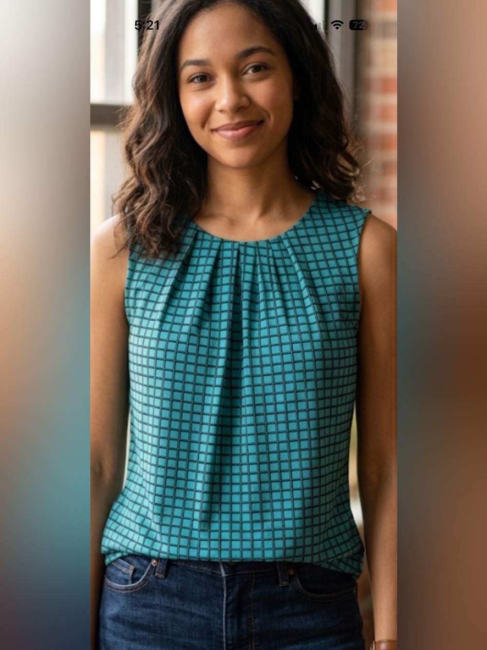 Worthington Teal Grid-Print Sleeveless Pleated Top Size M